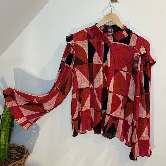The Odells Nicole Trupet Sleeve Blouse Size M Red Motif Ruffle Sleeve - Picture 7 of 9